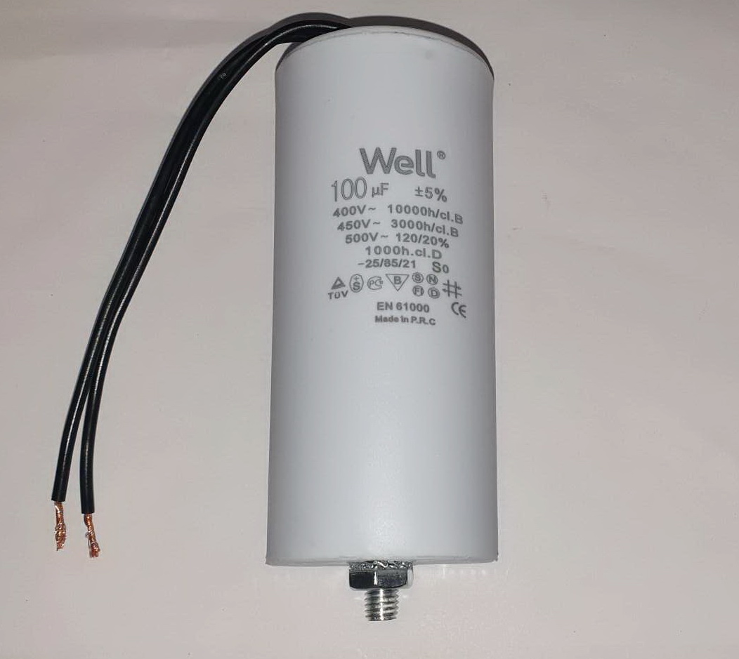 Condensator 100uF, pornire motor, 450V, fire, surub, WELL