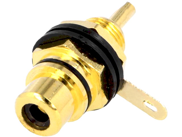 Soclu RCA; mama; izolatie; aurit; montare pe panou; eticheta neagra; CC-222B