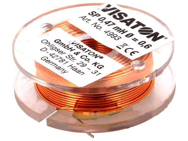 Bobina audio; cu aer; 0.47mH; 0.83ohmi; Diam.cablu:0.6mm; diam:37mm; SP-0.47MH37-VS