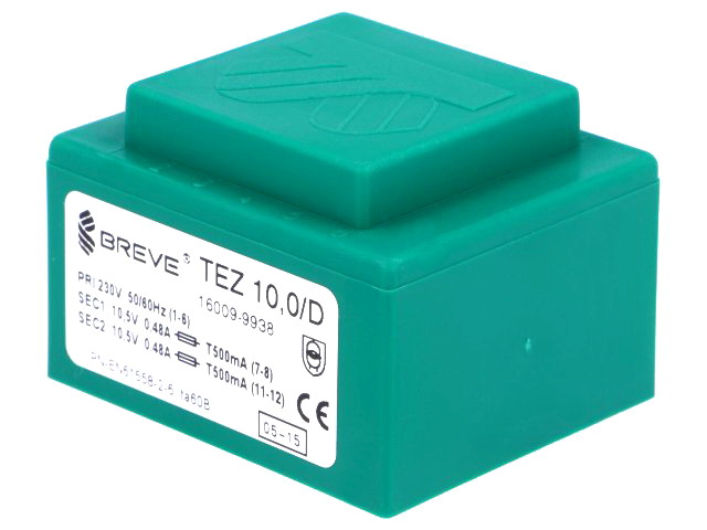 Transformator 2x10.5V, PCB; 10.5V, 10.5V; 10VA; 476.1mA; TEZ10/D/10.5-10.5V