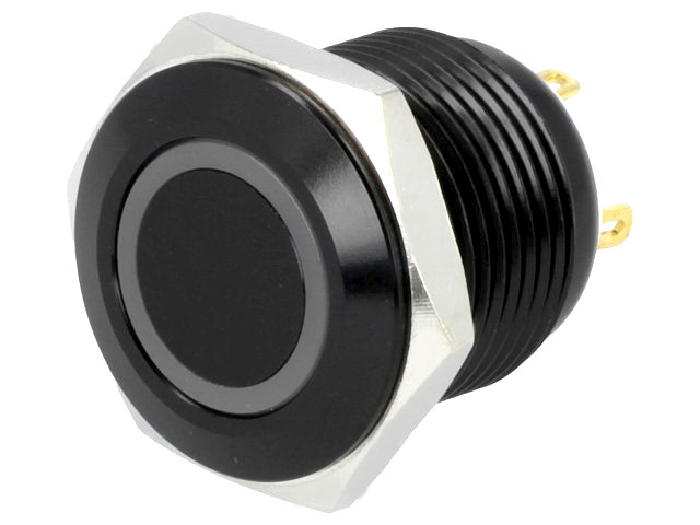 Buton antivandal, OFF-(ON), 16mm, LED verde 12V, IP65, SPST-NO, 2A, M16, orificiu montare Ø16mm, V16-10R-12G-A
