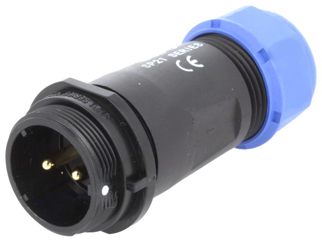 Conector circular, 2 pini tata, 500V, 30A, lipire, pe cablu, 4.5-7mm, IP68, SP2111/P2I