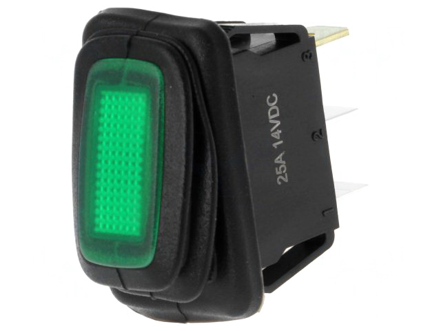 Intrerupator basculant auto, ON-OFF, 16A, IP65, verde, 3 pini, SPST, orificiu montare 29.4x13.8mm, R13238B801G