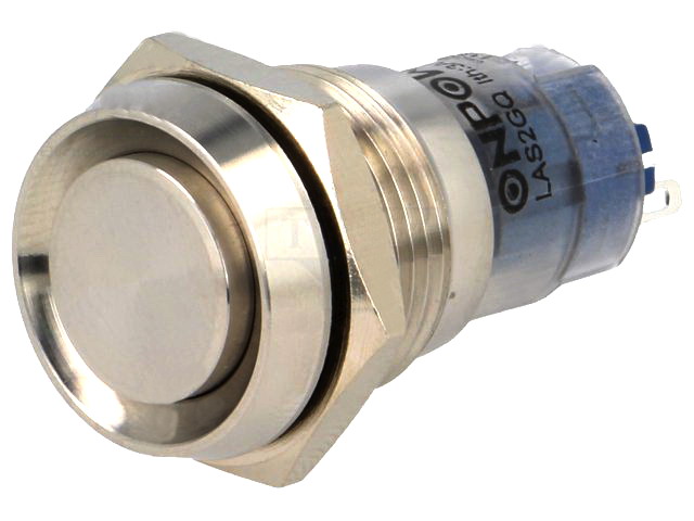 Buton antivandal argintiu, inox, ON-ON, 2 pozitii, bistabil, SPDT, M16,orificiu montare Ø16mm, V16-21C-S