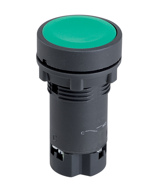 Buton panou, push, verde, monostabil, cu revenire, NO, 6A, 400V, orificiu montare 22.2mm, EL-EA32-M22