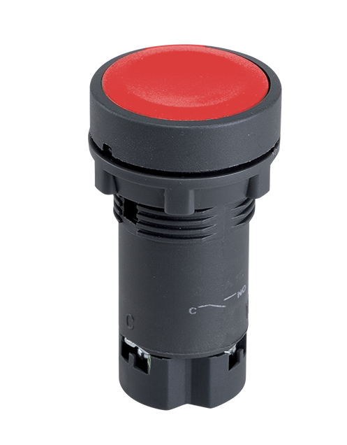 Buton panou, push, rosu, monostabil, cu revenire, NC, 6A, 400V, orificiu montare 22.2mm, EL-EA42-M22