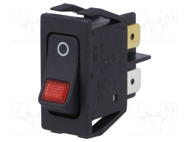 Comutator basculant, OFF-ON, 16A, 4 pini, SPST, iluminare, rosie, orificiu montare 27.2x12.2mm, 1555.3102, Marquardt