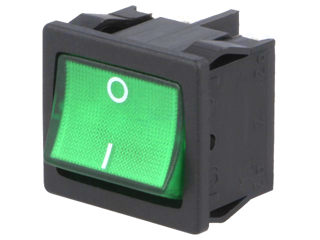 Comutator basculant, OFF-ON, 10A, 4 pini, iluminare, verde, orificiu montare 22 x 19.2mm, 1805.7109, Marquardt