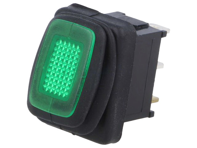 Intrerupator basculant, OFF-ON, 16A, 12VDC, IP65, 3 pini, LED VERDE, orificiu montare 19.8x13mm, R1366B802G