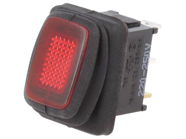 Intrerupator basculant, OFF-ON, 10A, 12VDC, led, IP65, rosu, 3 pini, SPST, orificiu montare 19.8x13mm, R1366B802R