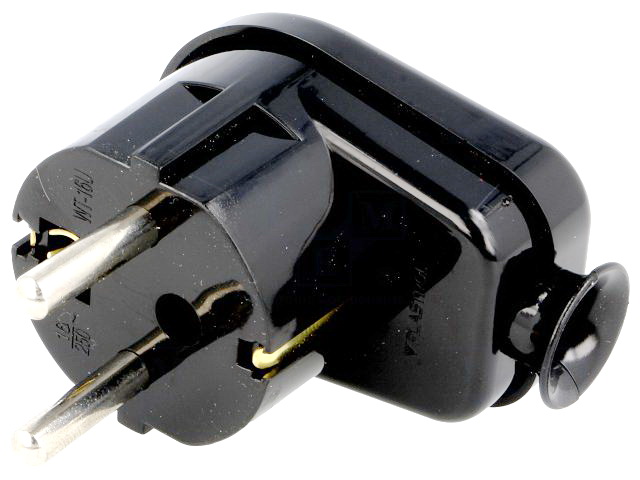 Stecher rotund, AC, 2P+PE, 16A, IP20, Uni-Schuko, negru, WT-16U/Z/BK