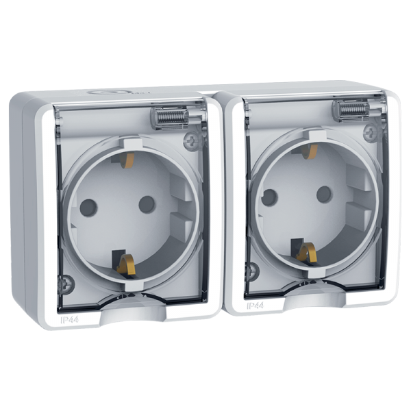 Priza PT, aparenta, dubla, cu capac, transparent, 16A, IP44, 2P+E, PT-D-16A-T