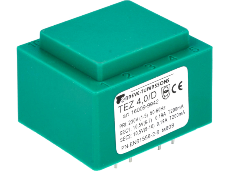 Transformator pcb, 2X10.5V, TEZ4/D/10.5-10.5V, BREVE TUFVASSONS