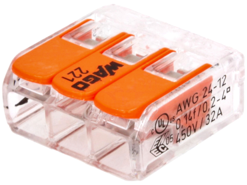Conector rapid, 3 pini, 32A, 4mm, litat, solid, 221-413, WAGO
