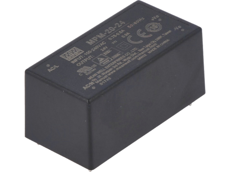 Sursa tensiune,  24VDC, 0.90A, 20W, AC, 52.4x27.2x24mm, aplicatii medicale, MPM-20-24, MEAN WELL