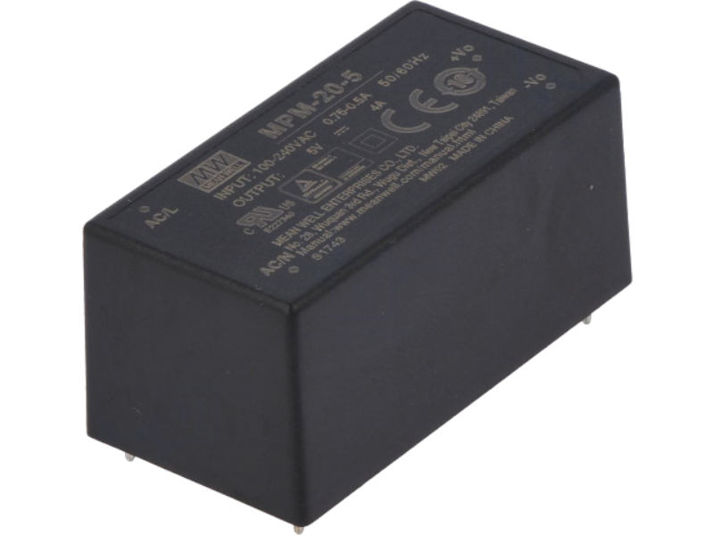 Sursa tensiune 5VDC, 4A, 20W, AC, 80-246VAC, 52.4x27.2x24mm, pcb, MPM-20-5, MEAN WELL