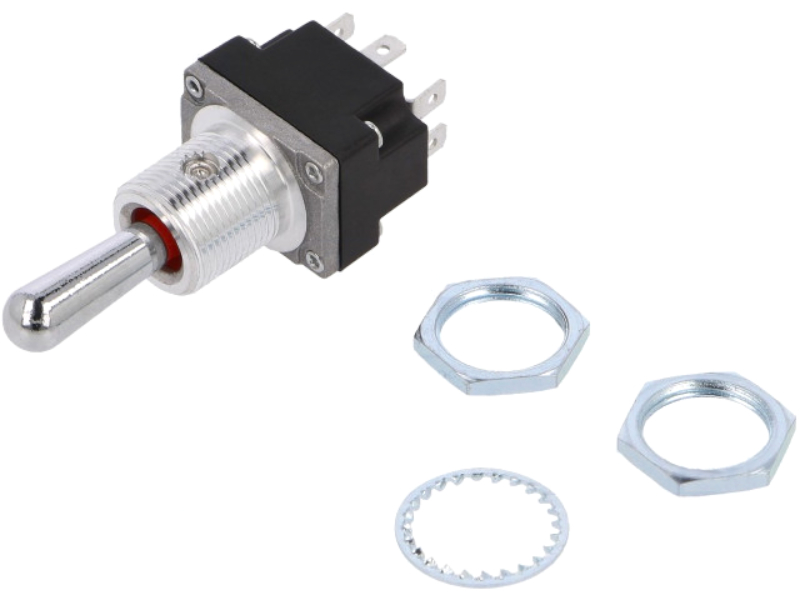Intrerupator basculant, ON-OFF-ON, 5A/28V, 6 pini, DPDT, orificiu montare Ø12.45mm, 2MT1-1