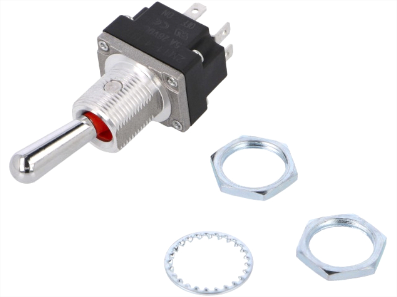 Intrerupator basculant, (OFF)-ON, 5A/28V, 4 pini, DPDT, orificiu montare Ø12.45mm, 2MT1-4