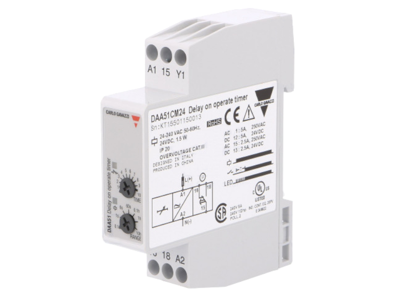 Timer, 1 functie, 0.1s...100h, SPDT, 250VAC/5A, 24VDC/5A, DIN Rail, DAA51CM24, CARLO GAVAZZI