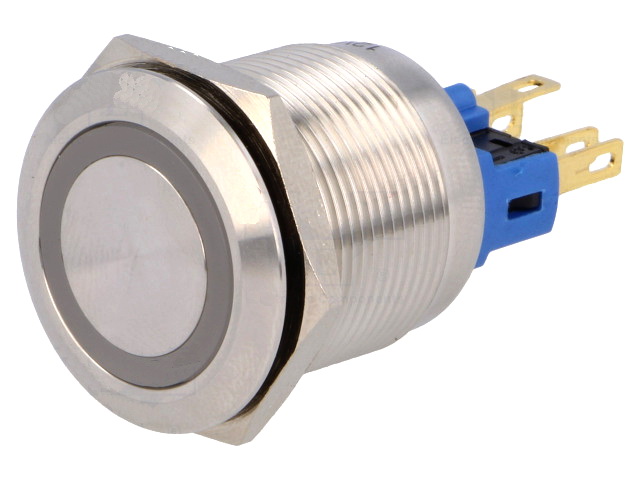 Buton antivandal, ON-ON, BISTABIL, LED 24V, IP65, SPST-NO, SPTS-NC, albastru, orificiu montare Ø22mm, V22-21R-24B-S