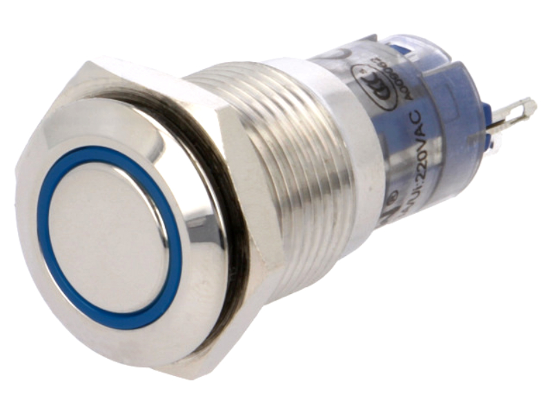 Buton antivandal, ON-(ON), albastru, 24V, IP67, SPDT, M16, orificiu montare Ø16mm, V16-11R-24B-S