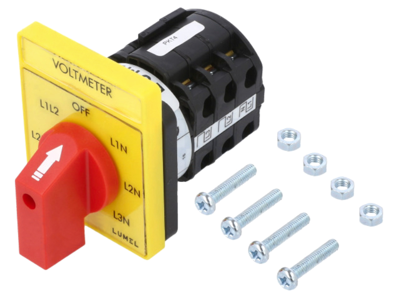 Intrerupator cu came, 16A, 7 pozitii, pentru voltmetre, OFF-L1N-L2N-L3N-L1L2-L2L3-L3L1, PKT4-C4HLXXXOFY000