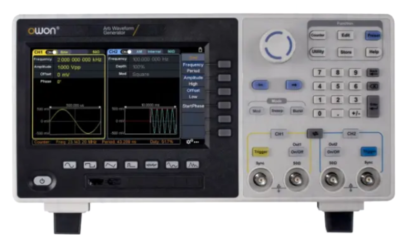 Generator semnal, 80MHz, sinusoidal, 25MHz, impuls, 40MHz, armonic, 15MHz, arbitrar, 30MHz, dreptunghiular, LCD 7", 2 canale, XDG2080, OWON