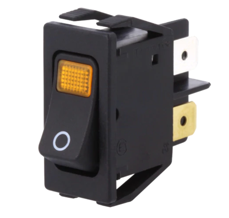 Comutator basculant, OFF-ON, 16A, 4 pini, DPST, iluminare, galben, orificiu montare 27.2x12.2mm, 1555.3104, Marquardt