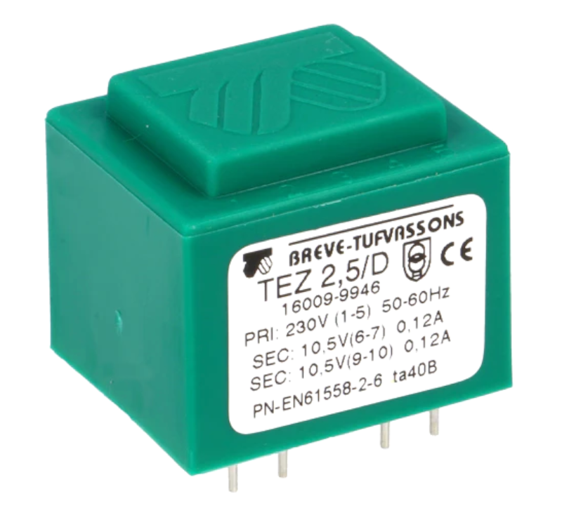 Transformator, 2x10.5V, pcb, 2.5VA, TEZ2.5/D230/10.5-10.5V, BREVE TUFVASSONS