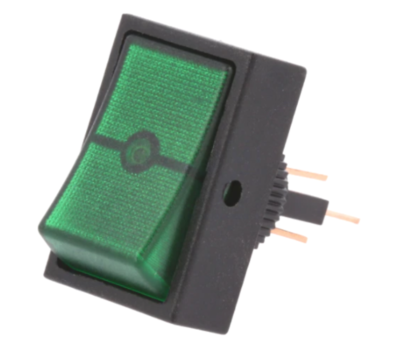 Intrerupator basculant, OFF-ON, 30A, 12VDC, 3 pini, montare panou, SPST, verde, orificiu montare Ø12mm, R13-207B-01-BG, SCI