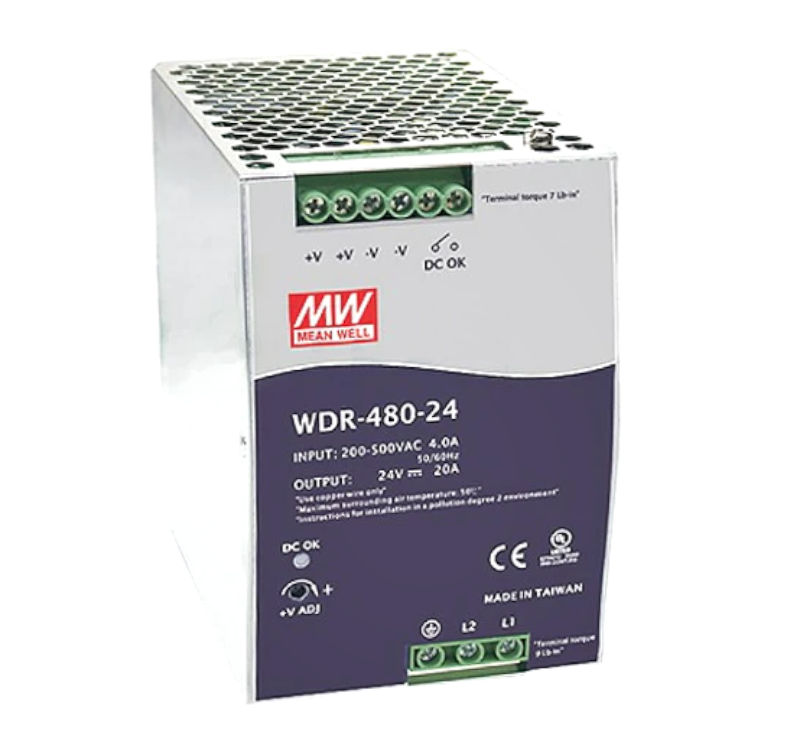 Sursa 24VDC, 20A, intrare trifazat, 180-550VAC, releu iesire, RAIL, semnalizare NO, WDR-480-24, MEAN WELL