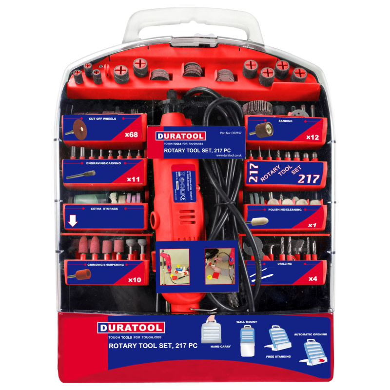 Set bormasina, polizor, slefuit, curatit, 217 piese, 20000rpm, 130W, UK, 230V, D02157, DURATOOL