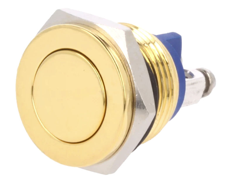 Buton antivandal, OFF-(ON), aurit, 2A/36VDC, IP65, SPST-NO, M16, orificiu montare Ø16mm, V16-10PF-G, ONPOW