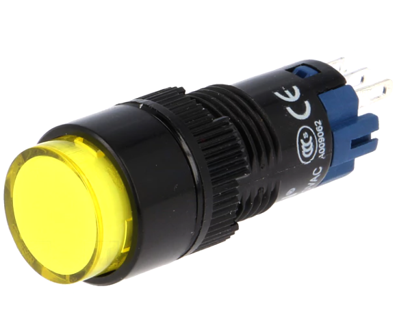 Intrerupator apasare, push, SPDT, ON-(ON), galben, orificiu montre 12mm, 3 pini, V12Y-11-Y