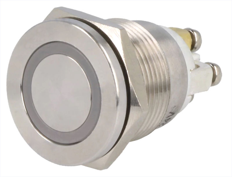 Buton antivandal, OFF-(ON), argintie, lumina albastra, 0.5A/220VAC, IP65, SPST-NO, M19, orificiu montare Ø19mm, V19-10PFE-24B-S, ONPOW