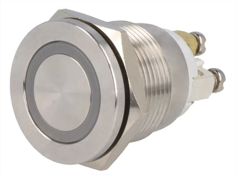 Buton antivandal, OFF-(ON), argintie, lumina rosie, 0.5A/220VAC, IP65, SPST-NO, M19, orificiu montare Ø19mm, V19-10PFE-24R-S, ONPOW