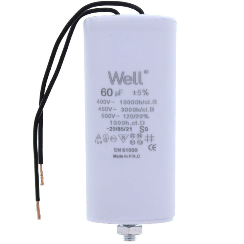 Condensator pornire motor, 60uF, 400V, fir, MOTCAP-60UF-WR