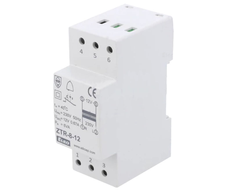 Transformator 12V, retea, AC-AC, 0.66A, montare sina, 230/12V, 8VA, ZTR-8-12V, ELKO EP