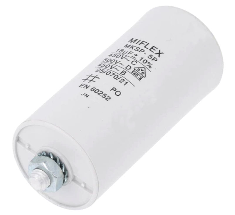 Condensator pornire motor, 18uF, 450V, terminal conector plat, fixare surub, I150V618K-B1, MIFLEX