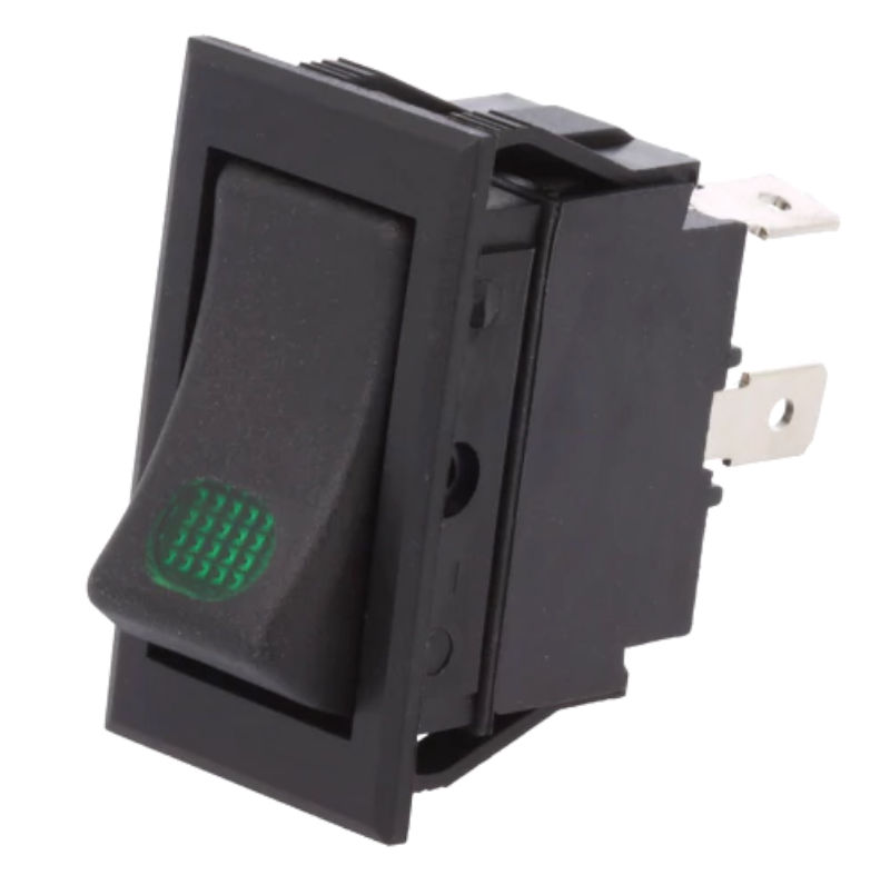 Intrerupator basculant, OFF-ON, 20A, 12VDC, 3 pini, verde, SPST, orificiu montare 21.2x37.9mm, R13-220BA-01-BBG, SCI