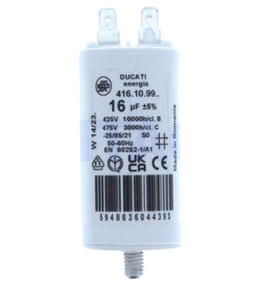 Condensator 16uF, pornire motor, 16uF, 425V, cu papuc, surub, 4.16.10.99.64, DUCATI