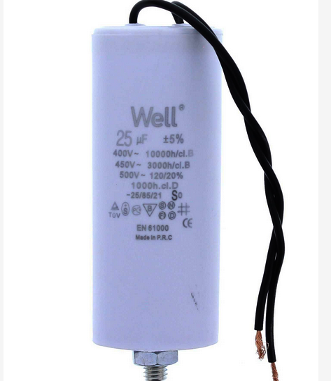 25uF/400VAC, Condensator pornire motor, fire, surub fixare, MOTCAP-25UF-WR,