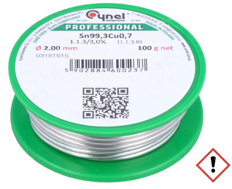 Aliaj lipit fara Pb, Sn99,3Cu0,7, 2mm, 100g, 227C, SN99C-2.0/0.1, CYNEL