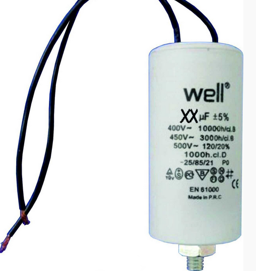 Condensator pornire motor, 6uF, 400V, papuc, fir, MOTCAP-6UF-WR