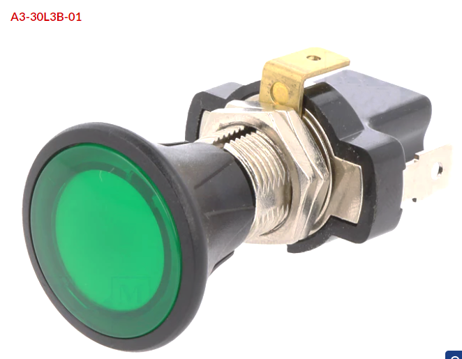 Comutator push, OFF-ON, 10A/14VDC, verde, Ilum LED, orificiu montare Ø14.2mm, A3-30L3B-01
