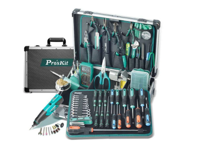 Trusa scule profesionala, electronisti, scule, aparat de masura, masina gaurit, mini-aspirator, 63 piese, PK-1900NB