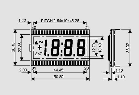 Display LCD, 44.5x16.5mm, DE114RS-20/6,35