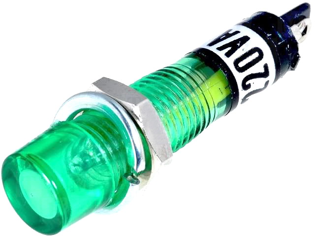 Lampa panou, neon verde, 230VAC, 7,5x32.8mm, orificiu de montaj 7,5 mm, NI-2GN