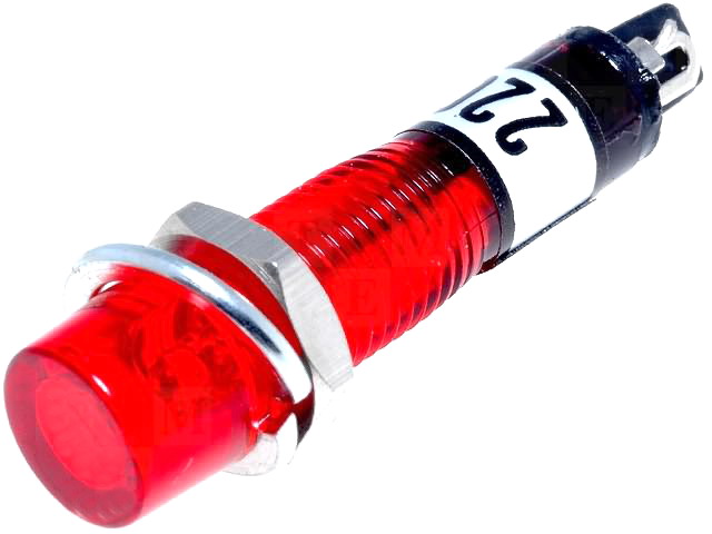 Lampa panou, neon rosu, 230VAC, 7,5x32.8mm, orificiu de montaj 7,5 mm, NI-2RD