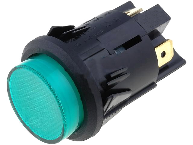 Push buton, bistabil verde; ON-OFF, 16A, 4 pini, DPST-NO, orificiu montare Ø25 mm, C7053AFNAB, BULGIN